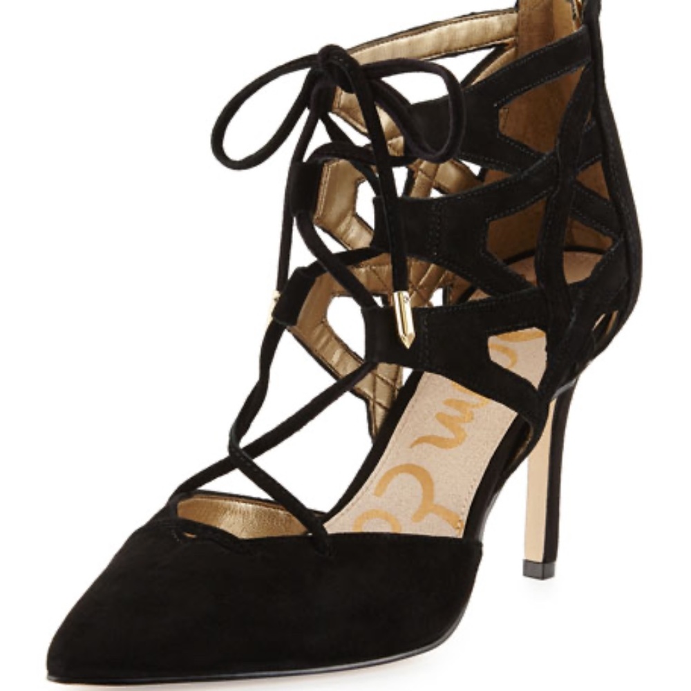 NEW Sam Edelman Zavier Black Suede Strappy / Cage Lace Up Pumps w/ back zip 6M